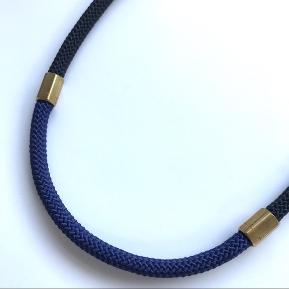 Black + navy blue statement necklace with hexagonal brass pieces - Picture 2 of 4